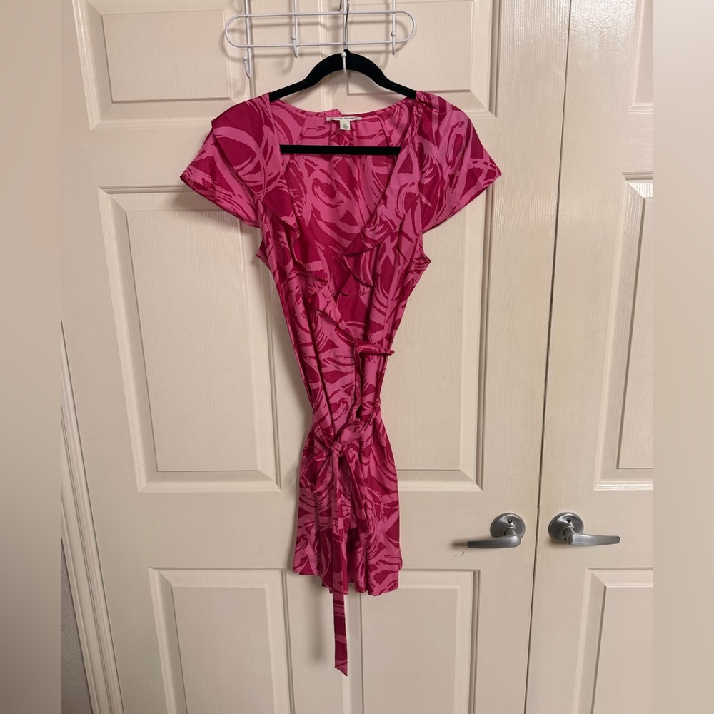 100% SILK Banana Republic Circle Mod Print asymmetrical Style Wrap Dress